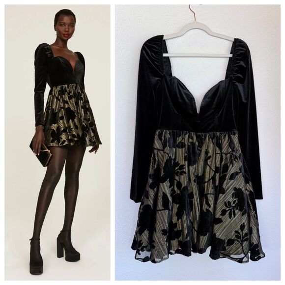 Ashley Park Dresses & Skirts - Ashley Park x RTR Encore Velvet Puff Sleeve Sweetheart Black & Gold Mini Dress 8